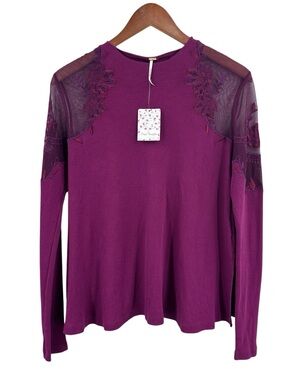 New FREE PEOPLE Daniella Illusion Blouse Cold Shoulder Mesh Wine Purple